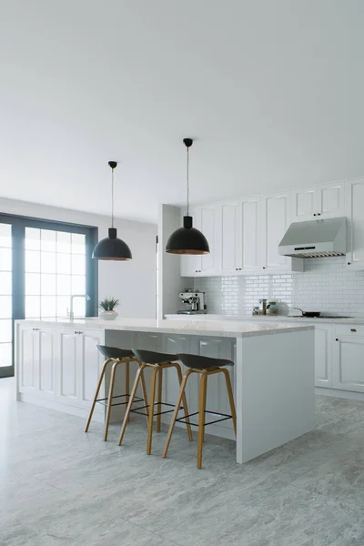Stylish White Kitchen Island Black Chandelier Appliances Utensils Kitchen Common — Stock Photo, Image