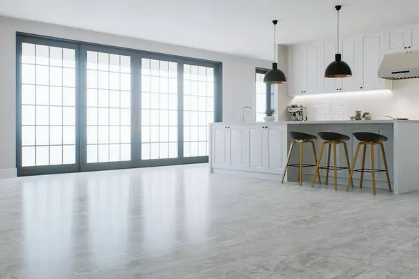 Interior Cozinha Branca Semi Vazio Com Uma Grande Janela Acento — Fotografia de Stock