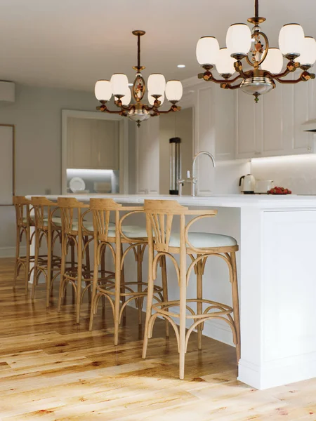 Traditional White Kitchen Long Island Wooden Chairs Varnished Wood Flooring — Stock Photo, Image