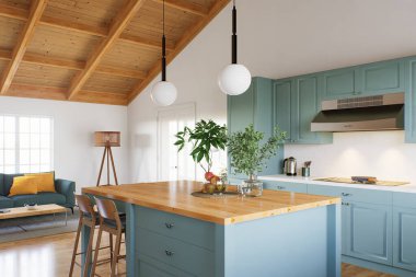 Ada ve ahşap tezgahlı büyük bir U şeklinde yeşil mutfak. İç kısımları yüksek tavan ve ahşap kaplı mutfak. 3d oluşturma.