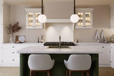 Yeşil bir adası olan sıcak renklerde parlak bir mutfak. Ev aletleri ve çatal bıçaklarla dolu mutfak. 3B görüntüleme