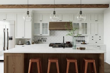 Geleneksel L şeklinde mutfak, büyük ada ve mutfak aletleri. Beyaz dolapları ve ahşap adası olan bir mutfak. 3B görüntüleme