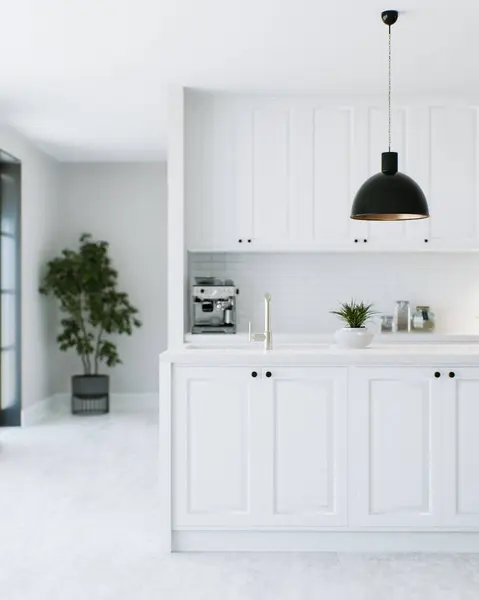 White Kitchen Island Blurred Houseplant Kitchen Utensils Background Rendering — Stock Photo, Image