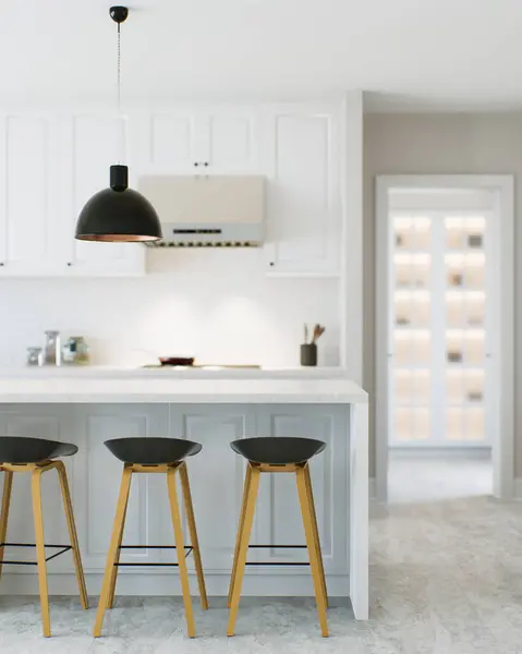 Kitchen Design White Kitchen Island Bar Stools Background Cabinet Lighting — Stock Photo, Image