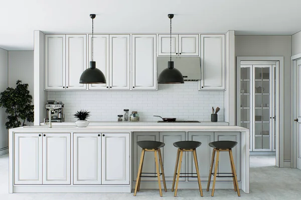 Weiße Kücheneinrichtung Mit Schwarzen Linien Umrissen Küchendesign Abstraktion Küche Mit — Stockfoto