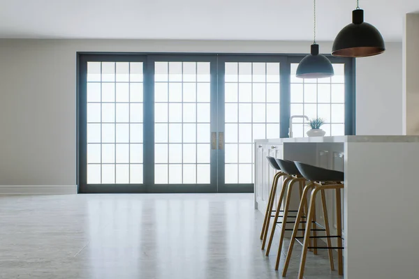 Semi Empty White Kitchen Interior Large Window Accent Marble Floor — Stock Photo, Image
