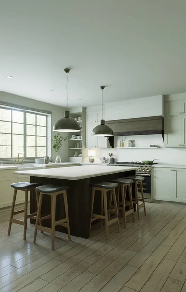 在传统风格的新豪华房子里 漂亮而明亮的厨房 其特点是木岛 白色石头台面 橱柜和木地板 3D渲染 — 图库照片