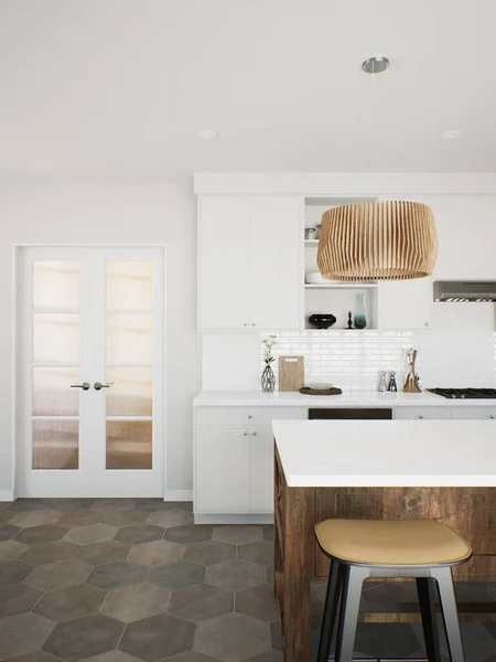White kitchen with wood island and patterned wood fixtures with kitchen appliances and utensils. Stylish kitchen in traditional style. 3D rendering