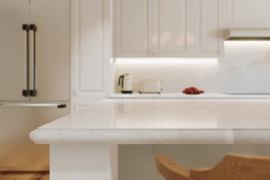 Beyaz mermer kaplı beyaz mutfak tezgahı, bulanık arkaplan. Tezgah yüzeyinde, mutfak içi ürünlerin sunumu. 3B görüntüleme