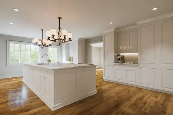 Traditional white kitchen with long island and wooden chairs with varnished wood flooring. Classic kitchen with large chandeliers and kitchen appliances. 3d rendering