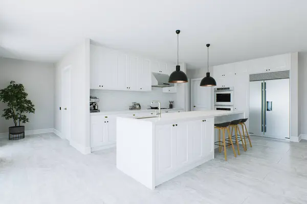 Stylish White Kitchen Island Black Fixtures Appliances Utensils Kitchen Common — Stock Photo, Image