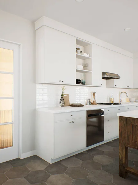 White kitchen with accent dishwasher and kitchen utensils. Stylish kitchen in traditional style. 3D rendering