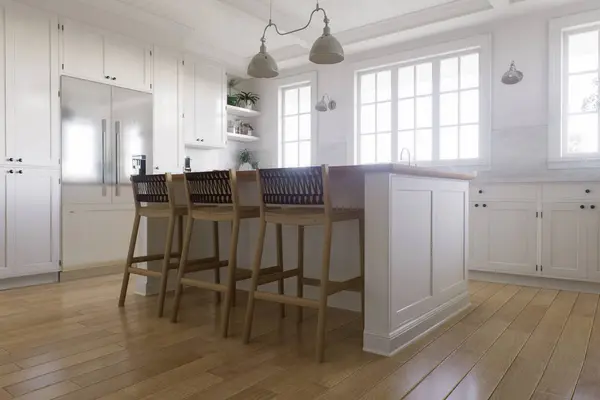 Weiße Förmige Küche Mit Fenstern Küchengeräten Und Utensilien Stilvolle Helle — Stockfoto