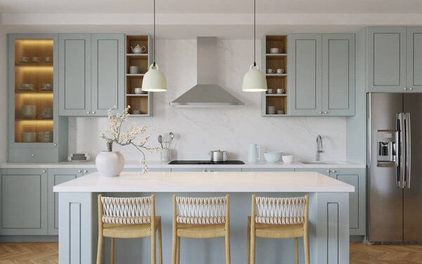 Голубой интерьер кухни с островом. Стильная кухня с белыми столешницами. Уютная светлая кухня с посудой и техникой. Рабочее пространство кухни. 3D рендеринг