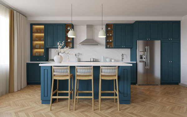 Голубой интерьер кухни с островом. Стильная кухня с белыми столешницами. Уютная светлая кухня с посудой и техникой. Рабочее пространство кухни. 3D анимация