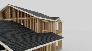 Geleneksel Amerikan tarzı izole edilmiş, beyaz arka planda iki garajı olan bir ev. Çerçeve yapımının kavramsal videosu. 3d canlandırma