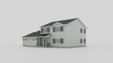 Geleneksel Amerikan tarzı izole edilmiş, beyaz arka planda iki garajı olan bir ev. Çerçeve yapımının kavramsal videosu. 3d canlandırma