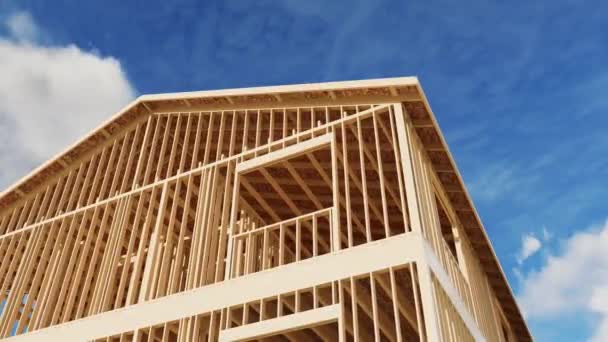 建造一座框架房屋 正在建造的框架房屋的概念视频 木制桁架和墙与蓝天相映成趣 3D动画 — 图库视频影像