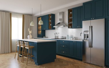 Adanın içindeki mavi mutfak. Beyaz tezgahlı şık bir mutfak. Mutfak mutfak, mutfak gereçleri ve aletlerle dolu. Mutfağın çalışma alanı. 3 Boyutlu Hazırlama