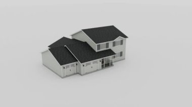 Geleneksel Amerikan tarzı izole edilmiş, beyaz arka planda iki garajı olan bir ev. Çerçeve yapımının kavramsal videosu. 3d canlandırma