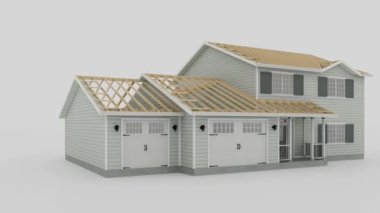 Geleneksel Amerikan tarzı izole edilmiş, beyaz arka planda iki garajı olan bir ev. Çerçeve yapımının kavramsal videosu. 3d canlandırma