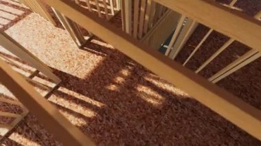 Çerçeve inşaatı. İnşaat halindeki bir çerçevenin kavramsal videosu. İnşaat halindeki bir evde uçan bir kamera fikri. 3d canlandırma