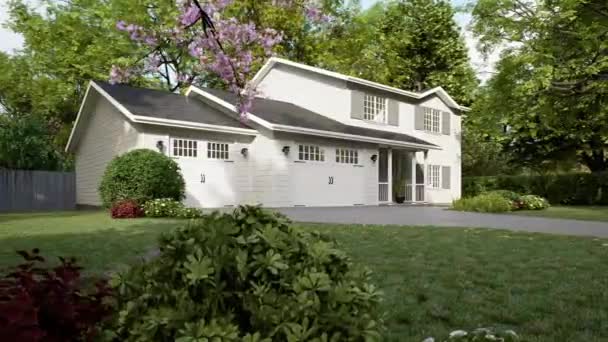 2つのガレージ ドライブウェイ 大きな木を持つ伝統的なアメリカの家 芝生のある2階建ての家 3Dアニメーション — ストック動画