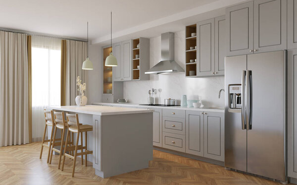 Интерьер серой кухни с островом. Стильная кухня с белыми столешницами. Уютная светлая кухня с посудой и техникой. Рабочее пространство кухни. 3D рендеринг