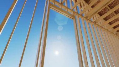 Çerçeve inşaatı. İnşaat halindeki bir çerçevenin kavramsal videosu. Mavi gökyüzüne karşı ahşap kiriş ve duvar. 3d canlandırma