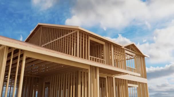 フレームハウスの建設 建設中のフレームハウスのコンセプトビデオ 青空に対する木製トラスフレームと壁 3Dアニメーション — ストック動画
