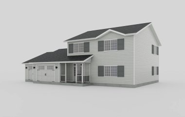 Geleneksel Amerikan tarzı izole edilmiş, beyaz arka planda iki garajı olan bir ev. Bir çerçeve inşa etmenin kavramsal görüntüsü. 3d oluşturma