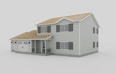 Geleneksel Amerikan tarzı izole edilmiş, beyaz arka planda iki garajı olan bir ev. Bir çerçeve inşa etmenin kavramsal görüntüsü. 3d oluşturma