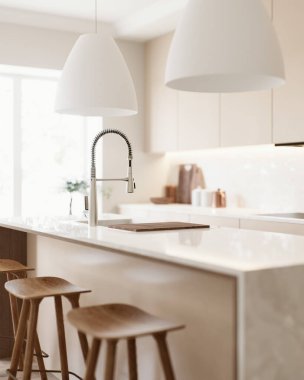 El değmemiş ve sofistike bir modern mutfakta, ortam aydınlatmasının altında zarif bar tabureleri vardır. 3d hazırlayıcı