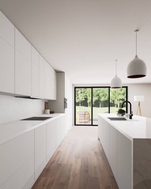 Modern minimalist bir mutfağın 3 boyutlu görüntüsü. Beyaz parlak dolaplar, mermer tezgah ve ahşap zemin temiz ve ferah bir his yaratır..