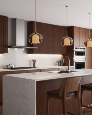 Dahili cihazlar ve şık aydınlatma armatürleri modern tasarımı vurguluyor. Mutfak klasik ve modern kombinasyonları takdir edenler için mükemmel. 3 Boyutlu Hazırlama.