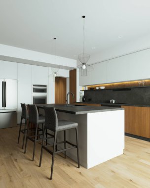 Parlak beyaz dolaplar, koyu gri tezgah ve sıcak ahşap elementler dinamik ve şık bir iç mekan oluşturur. 3 Boyutlu Hazırlama 