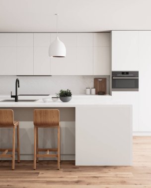 Bu mutfak parlak ve çağdaş bir tasarım sergiliyor. Açık bir düzen ve güzel dekorasyon unsurları var. 3d hazırlayıcı