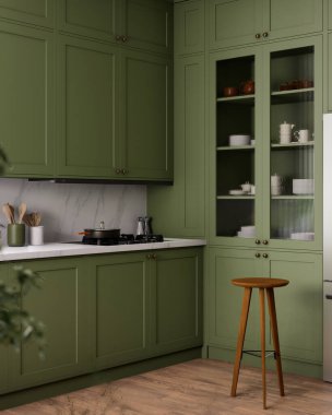Güzel yeşil dolaplar barındıran ve minimalist estetiği kucaklayan modern ve çağdaş bir mutfak. 3d hazırlayıcı