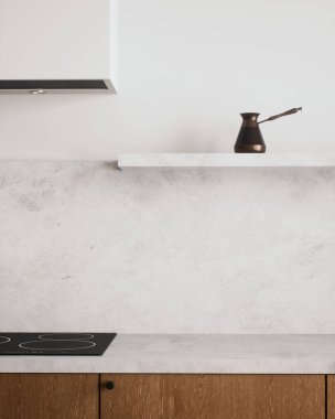 Güzel bir mermer tezgahın sergilendiği şık ve modern bir mutfak ve şık bir bakır kahve demliği. 3d hazırlayıcı