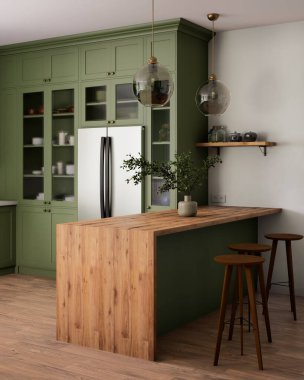 A contemporary kitchen with stunning green cabinetry and a warm wooden island, ideal for stylish cooking. 3d render clipart