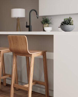 Bu şık mutfak barında zarif ahşap tabureler, canlı bitkiler ve modern eşyalar sergileniyor. 3d hazırlayıcı