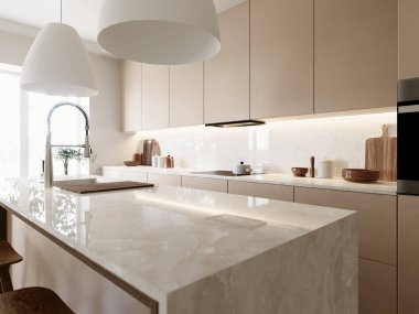 Modern minimalist mutfak: 3D görselleştirme. Bej renkli parlak dolaplar, büyük beyaz kuvars tezgah ve şık bir musluk zarif ve işlevsel bir alan yaratır. Ahşap bar tabureleri olan mutfak adası..