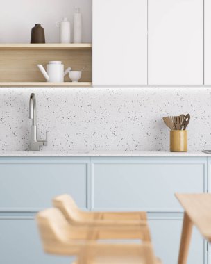 Zarif ve şık bir mutfak yumuşak pastel tonlarıyla modern yaşam için minimalist dekorun karışımı. 3d hazırlayıcı