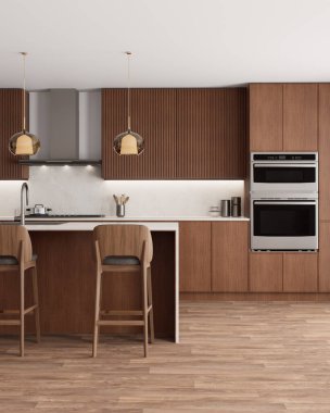 Ahşap kaplamalı, şık ışıklandırmalı ve mutfak ihtiyaçlarınız için yüksek donanımlı modern bir mutfak. 3d hazırlayıcı