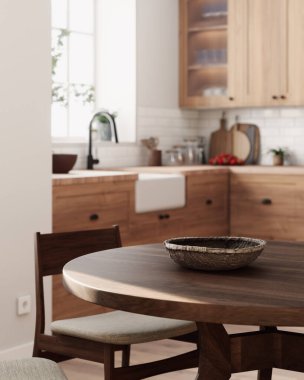 Bu şık modern mutfak şık ahşap dolaplar sergiliyor ve yemek için samimi bir yemek alanı sunuyor. 3d hazırlayıcı