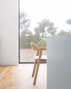 Zarif mobilya parçalarıyla birlikte güzel doğal ışık gösteren huzurlu ve sakin bir minimalist çalışma alanı. 3d hazırlayıcı