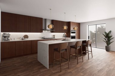 Ahşap kaplamalı zarif modern mutfak ve modern evler için ideal bar koltukları. 3B Hazırlama