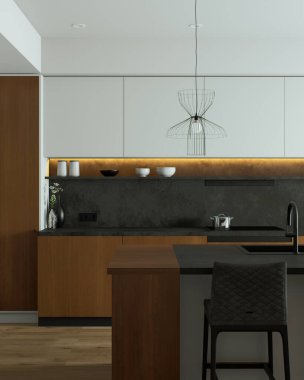 Bu çağdaş mutfak, ultra modern dolapların yanı sıra cazibesini arttıran dekoratif unsurlarla övünüyor. 3B Hazırlama