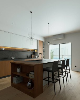 Bu şık ve modern mutfak, zarif ve çağdaş bitirmelerle tamamlanmış güzel ahşap elementler sergiliyor. 3B Hazırlama