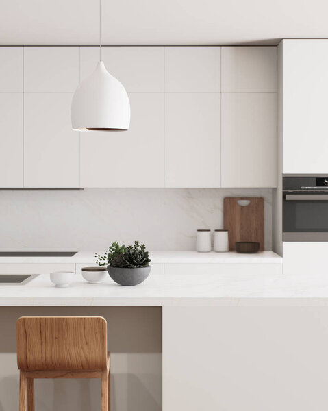 Кухня отличается ярким и современным дизайном с открытой планировкой и стильными элементами декора. 3D рендеринг